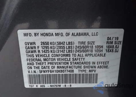 2019 Honda Pilot Lx из США, поврежденный, VIN 5FNYF6H10KB077408